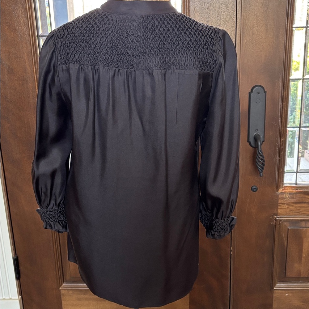 Ella Moss Black Silk Smocked Yoke Long Sleeve blouse - Picture 2 of 10